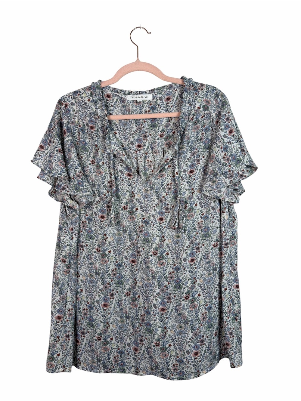 Rose + Olive Women’s 1X Floral Blouse Ruffle Flutter Sleeve Boho Cottagecore